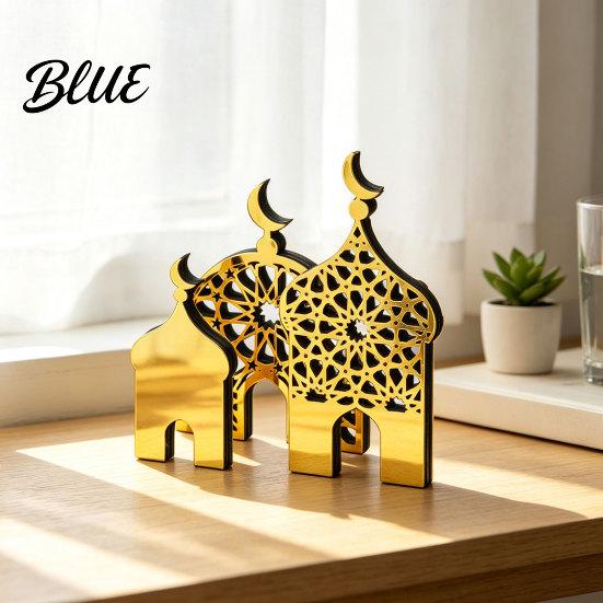 Ethnic Style Desktop Decor 3PCS Ramadan Golden Castle Ornament, Hollow Mosque Design, Thick Wood And Office Desk Decoration Acrylic Accents, Religious