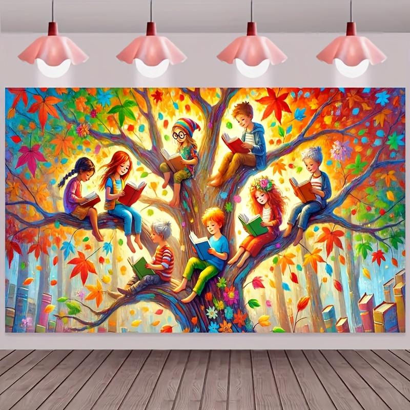 Ein 2D flaches Herbst-Lesebaum-Banner - ein Hintergrundtuch für den Spaß der Kinder beim Lesen unter bunten Blättern, zur Dekoration