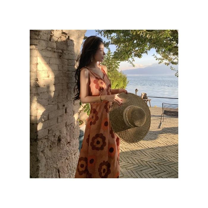 Casual Fashion Temperament Wear Seaside Vacation Print V-neck Suspender Dress Bohemian Beach Dress Summer Tide