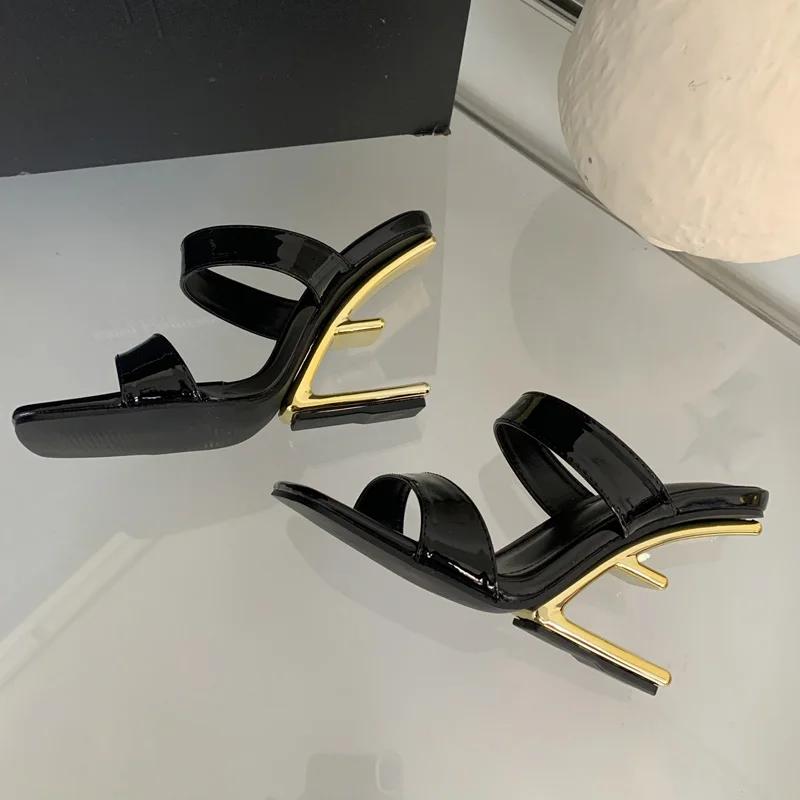 

Fashion Eilyken Summer Design Fretwork Heels Square Toe Slippers Woman Fashion Banquet Dress Slide Shoes 35 чёрный