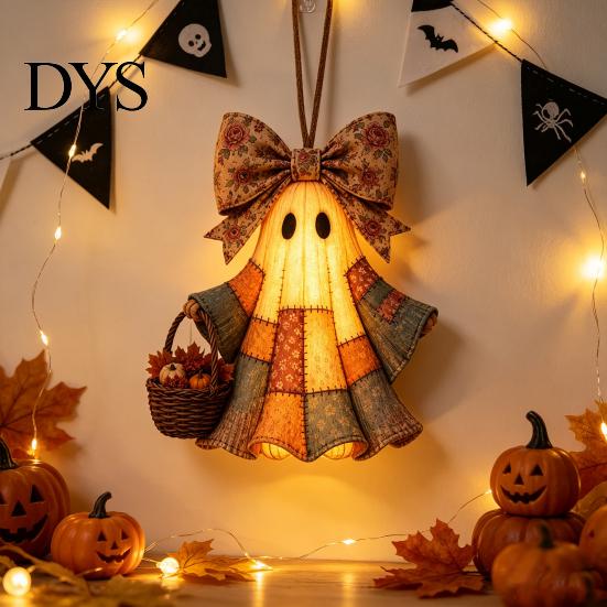 Decorative Resin Crafts Lighted Vintage Patchwork Ghost Door Hanger, Rustic Farmhouse Figurine, LED Light Up Realistic Figurine Halloween Spooky