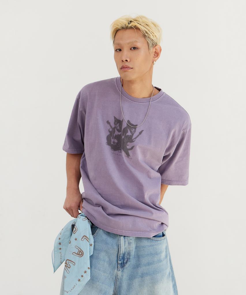 Tonilolenseu Pigment Cat Graphic Short Sleeve T-Shirt Purple