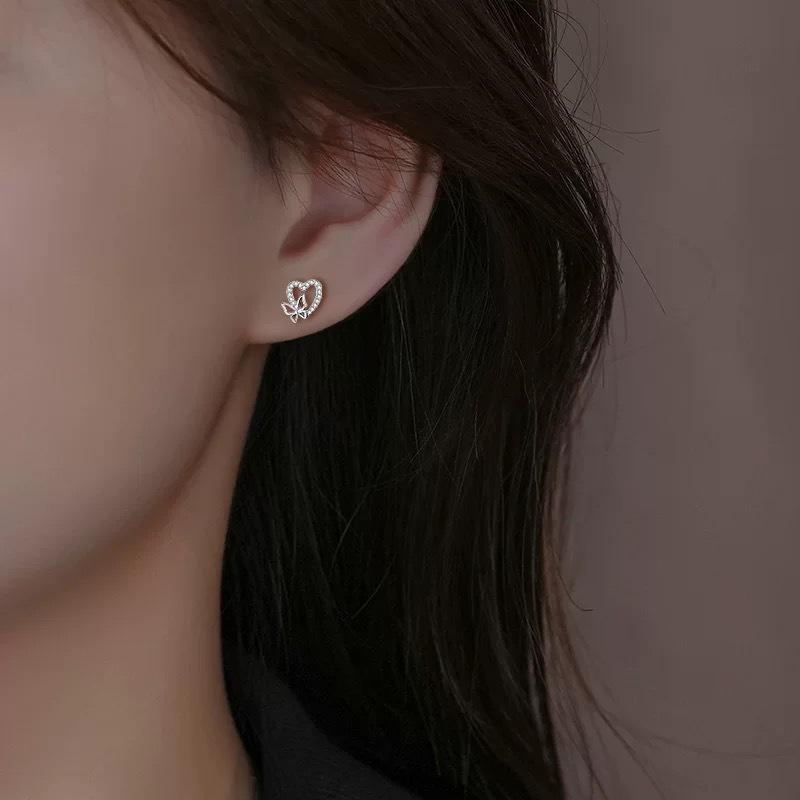 Beixi S925 Sterling Silver Heart & Butterfly Stud Earrings – Niche Design with Diamonds for Ladylike, Sweet Temperament.