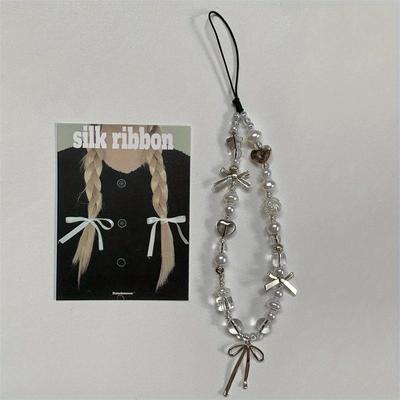 Koreanischer Y2K Niedlicher Blume Herz Schleife Perlen Handykette Anhänger Lanyard Für Universelles Zubehör Schmuck Anhänger