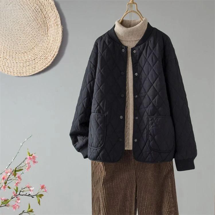 Kvinners Vattert Diamantmønster Vinter Kort Jakke Løs Mote Ensfarget Lett Bomullspolstret Kåpe