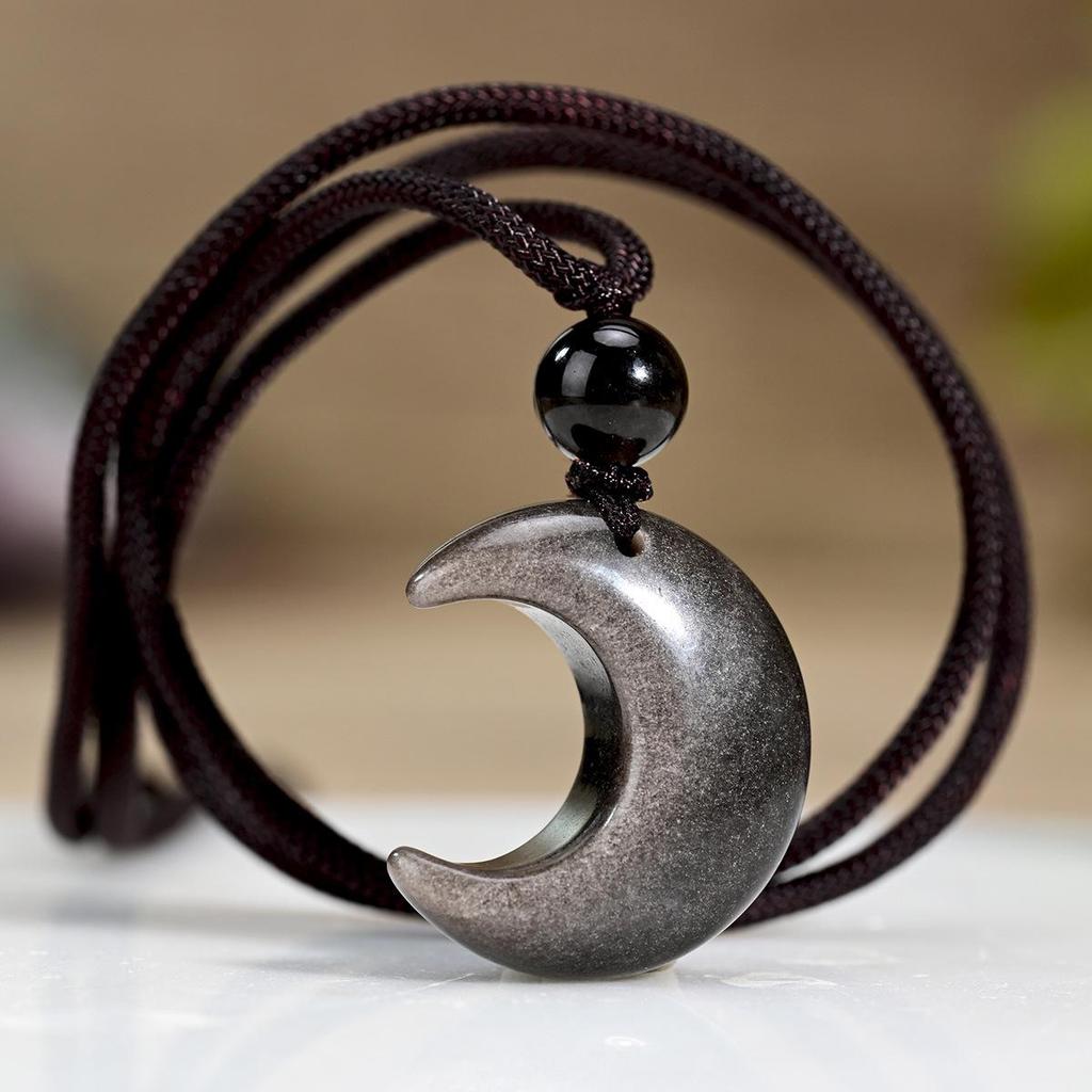 Silver Obsidian Moon Pendant Necklace - Unisex Retro Vacation Style