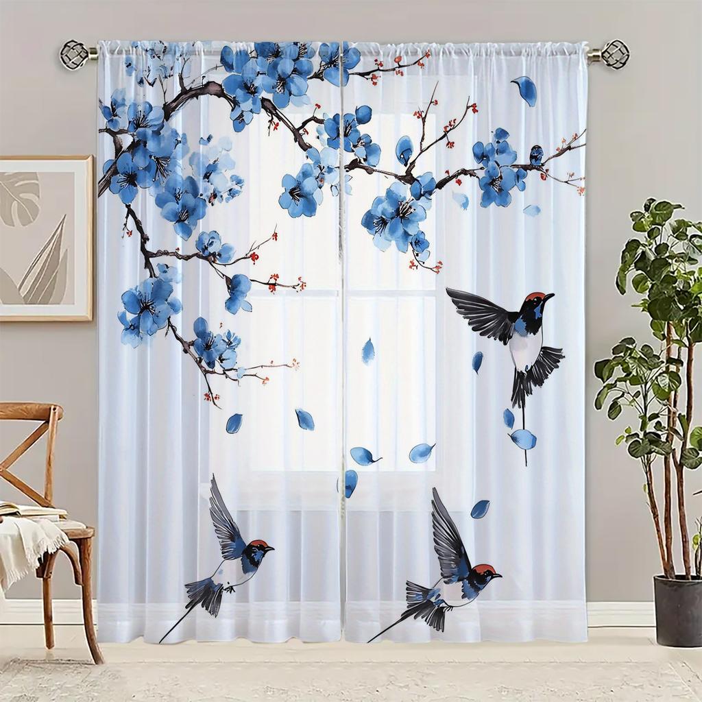 Set Of 2 Hd Digital Plant Bird Printed Window Screen Home Decor Style Decoration Living Room Bedroom Rod Curtain For Made Polyester