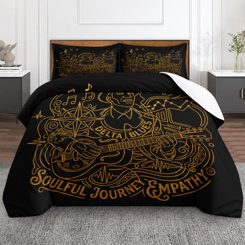 Delta Blues Guitar Musician 3 Piece Bedding Set, Gold Line Art Soulful Duvet Cover Set for Music Lover Men Bedroom Decor