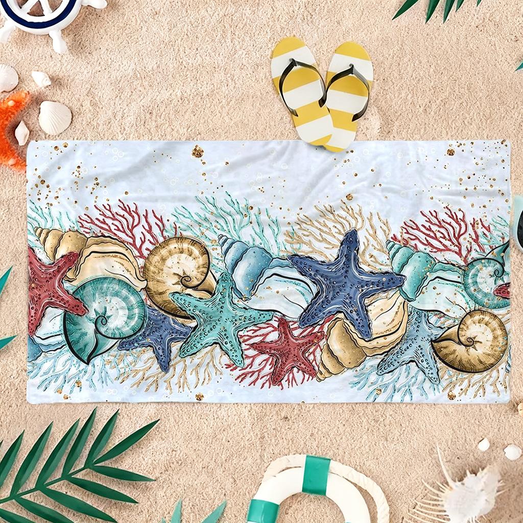 1pc Starfish and Conch Patterns Print Beach Towel Quick-drying Towel Suitable for Seaside Pool Camping Yoga For Family Friends