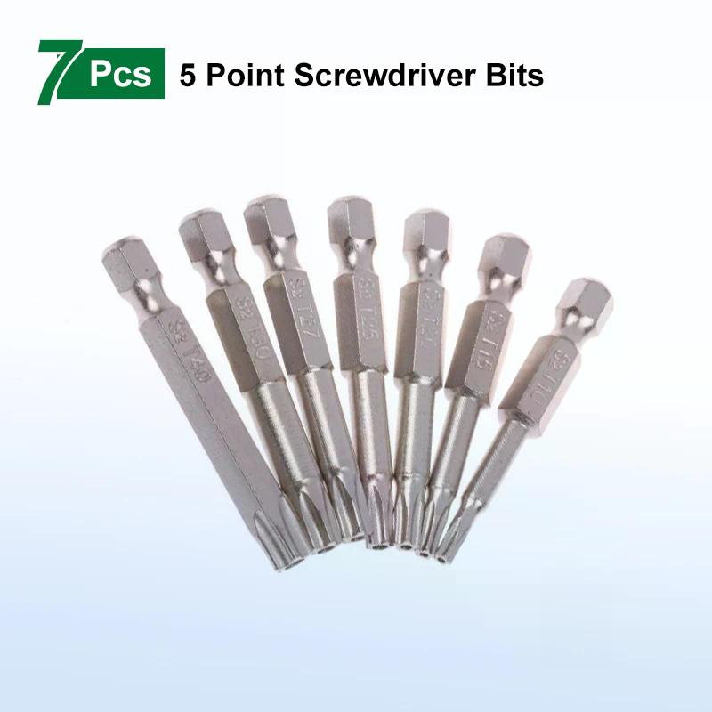 7Pcs S2 Magnetic Star Screw Driver 5 Point Screwdriver Bits 50mm 1/4" Hex Shank T10 T15 T20 T25 T27 T30 T40