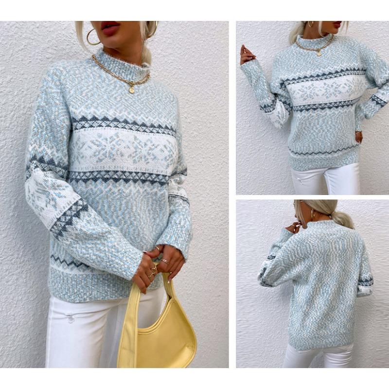 

Рождественский вязаный свитер осень и зима новый пуловер база полувысокое горло снежинка свободный свитер женский One size