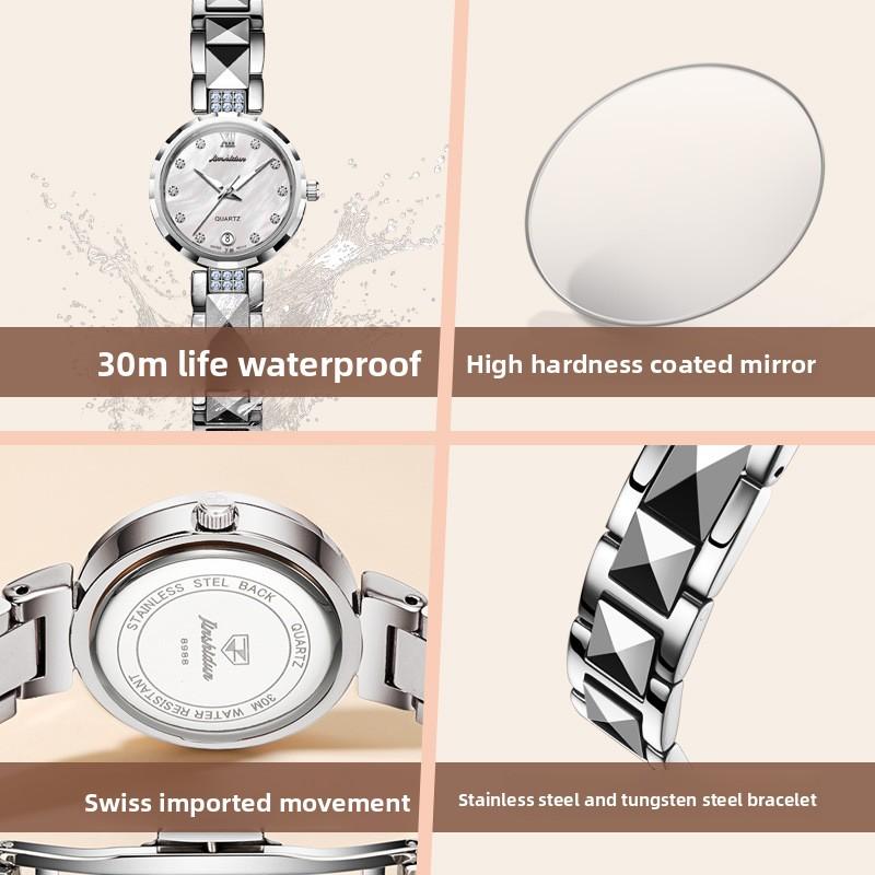 JINSHIDUN Brand Wristwatches, Calendar Tungsten Steel Quartz Watches, Waterproof Ladies' Watches, Women's Watches