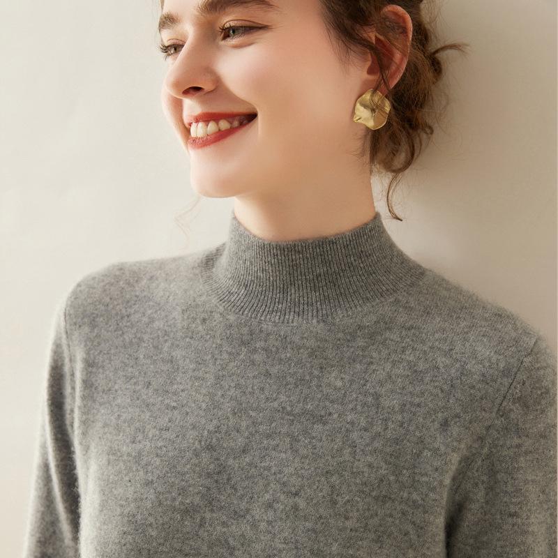 Women's Half-High Neck Cashmere Knit Sweater - Versatile, Warm, Loose Fit Pullover
