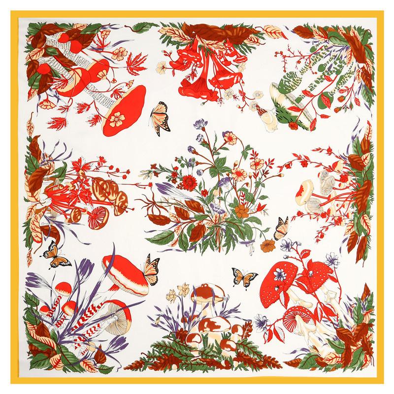 POBING Silk Scarf Women Large Shawls Plant Mushroom Print Stoles Square Bandana Luxury Kerchief Hijab Female Foulards 130CM