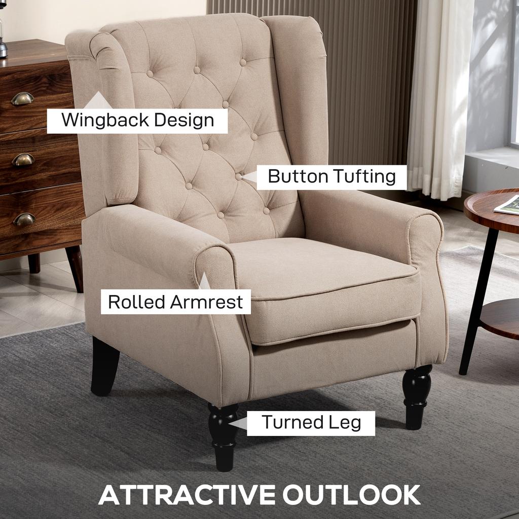 Wingback Accent Chair, Retro Upholstered Button Tufted Occasional Chair for Living Room and Bedroom, Beige