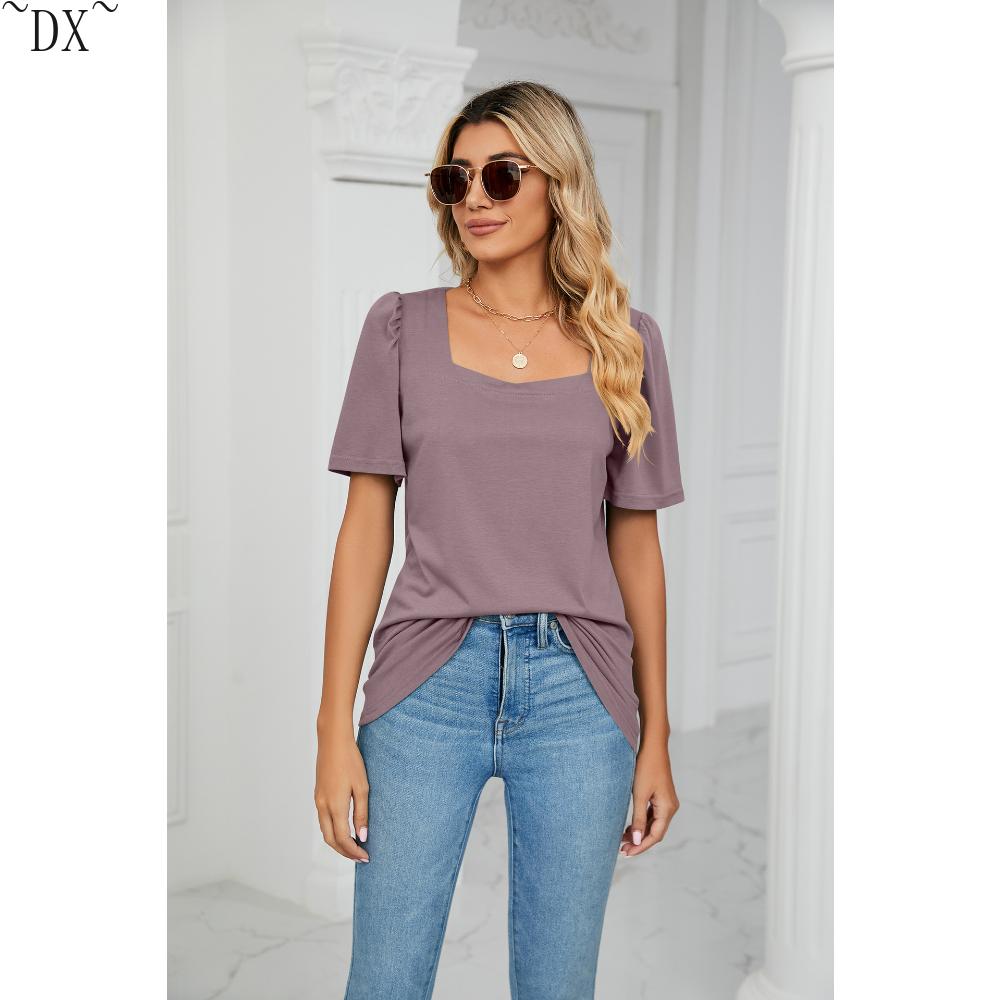 DX~~ Весенне-летняя новая однотонная свободная футболка с квадратным воротником — фото 10