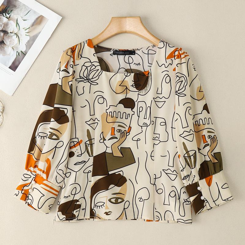 ZANZEA Women Square Collar Casual 3/4 Sleeve Loose Print Blouse
