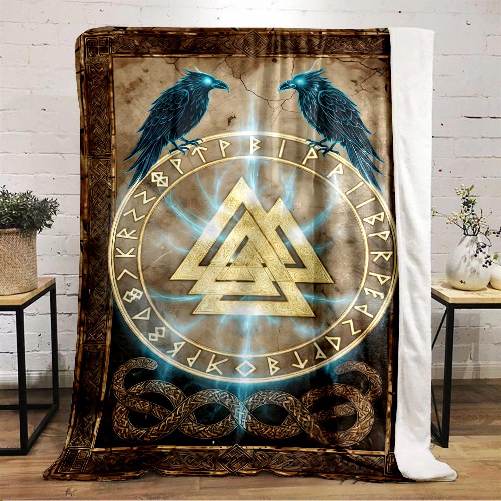 Nordic Mythology Ravens & Runes Pattern Warm blanket, Flannel blanket for bedroom, living room, sofa, and nap.