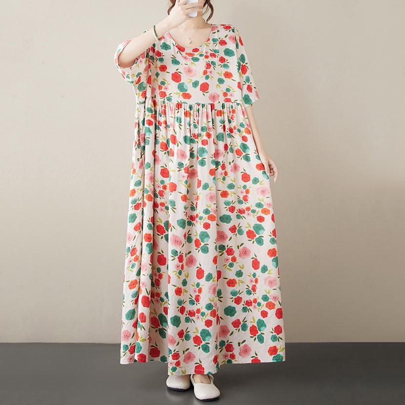 Krátký rukáv Velké bavlněné vintage květinové nové šaty pro ženy ležérní volné dlouhé letní šaty