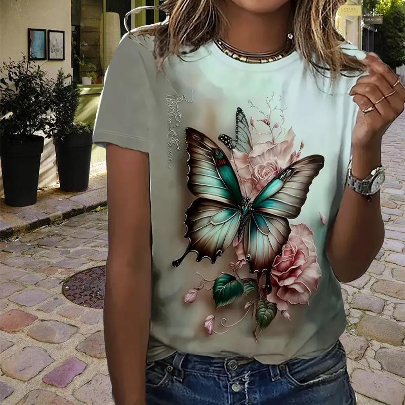 T-shirt da Donna alla Moda Bella Stampa Gatto Farfalla Rosa Divertente Casual Girocollo Maniche Corte T-shirt Estiva da Donna