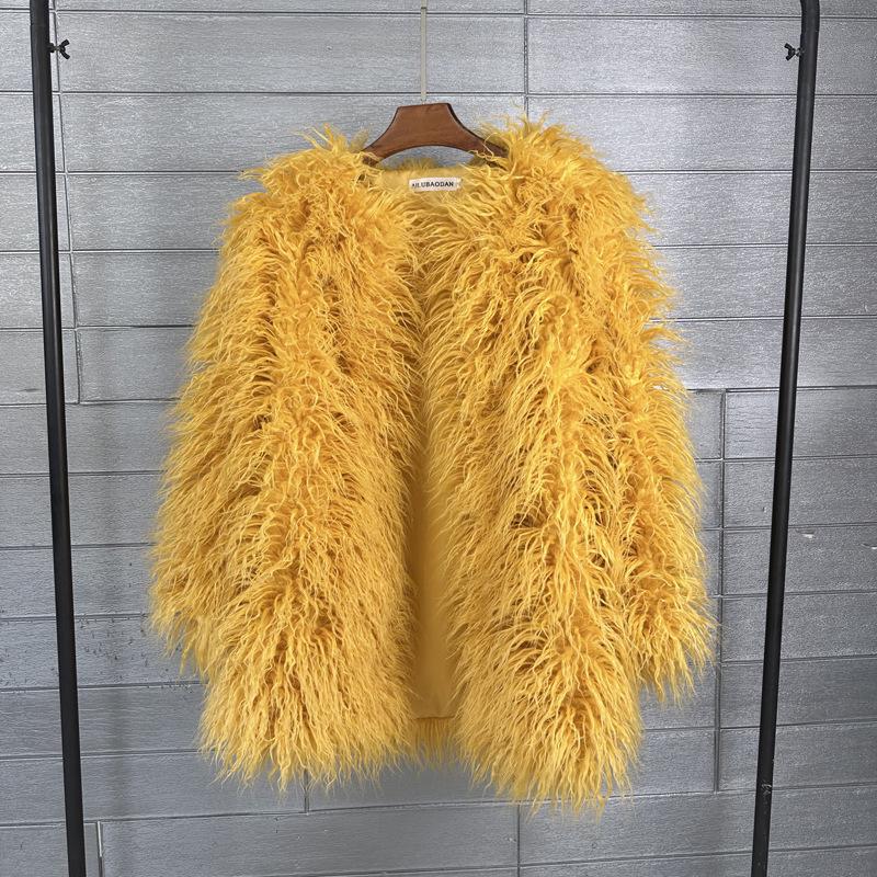 Korean Style Women's Tan Faux Lamb Wool Mid-Length Coat