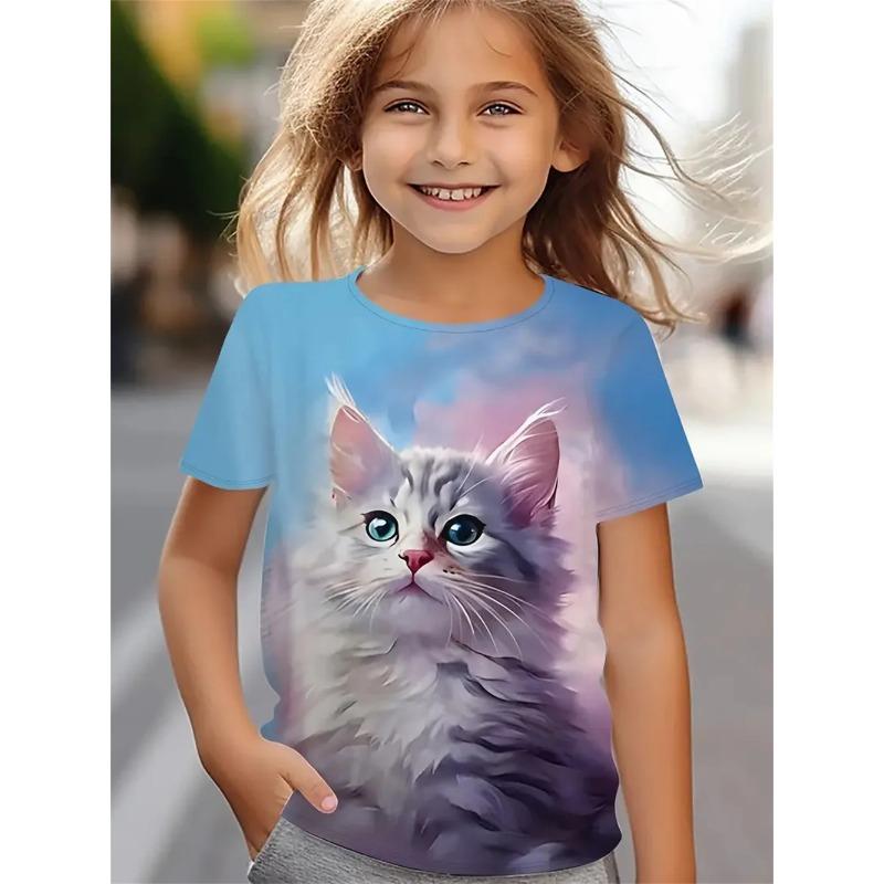 Vtipná dívčí trička Letní top s krátkým rukávem Kreslená zvířata Kočka 3D potisk Dívčí oblečení Ležérní trička