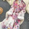 Summer New Pink Flower Print Chiffon Maxi Dress Women Long Lantern Sleeve Tiered Ruffle Long Dress Elegant Party Evening Dress
