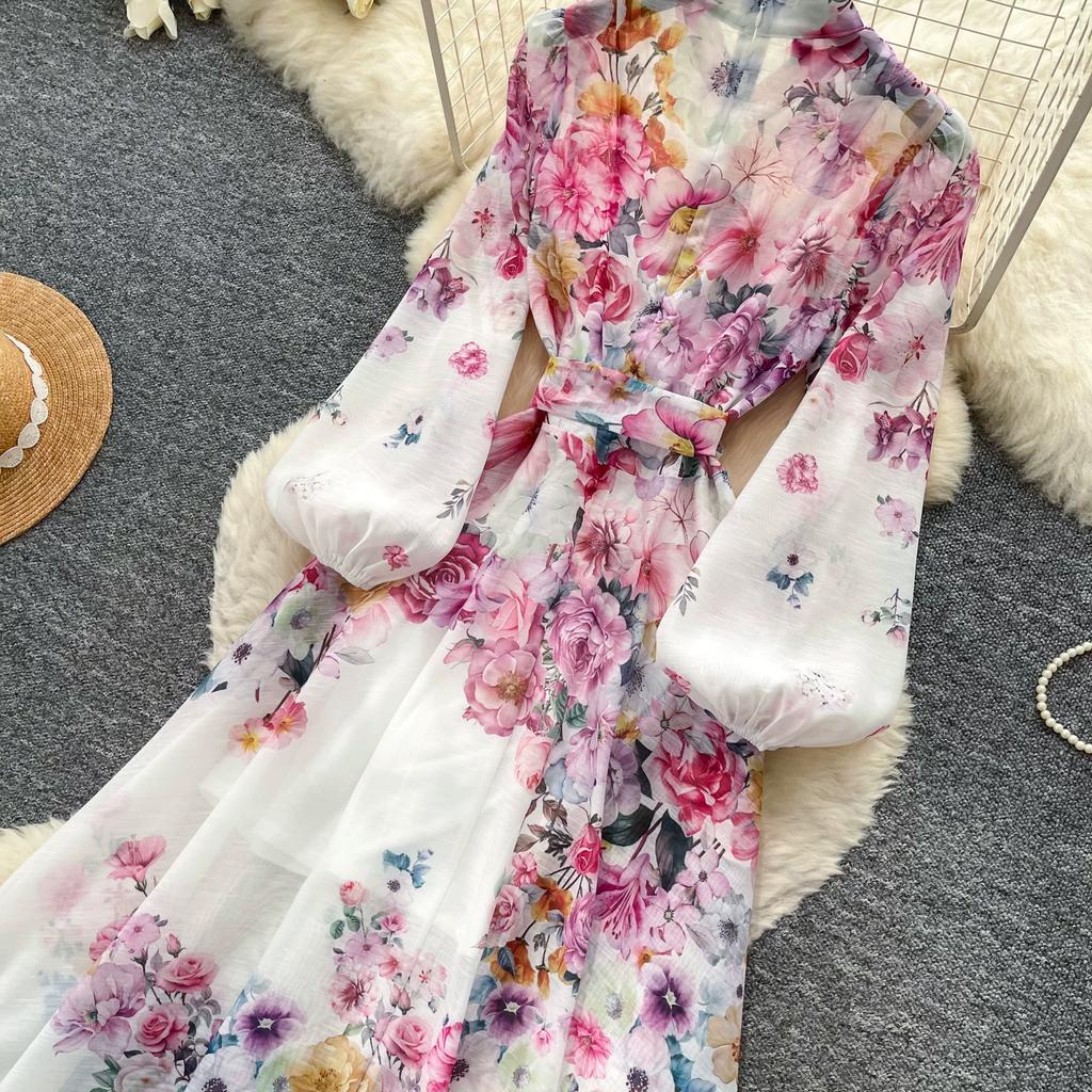 Summer New Pink Flower Print Chiffon Maxi Dress Women Long Lantern Sleeve Tiered Ruffle Long Dress Elegant Party Evening Dress
