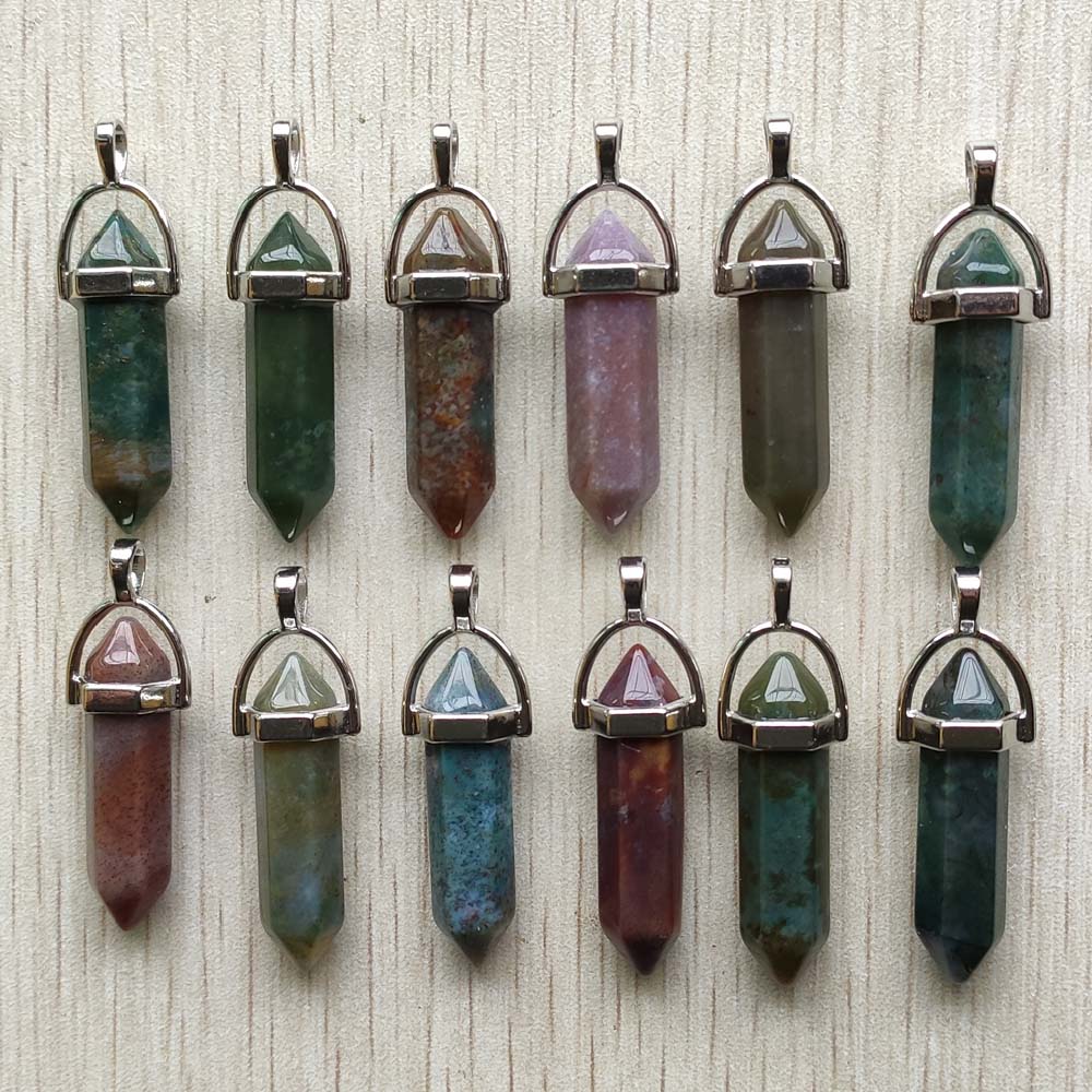 Natural stone quartz aventurine lapis crystal hexagonal pillar Pendants for Jewelry accessories 12pcs
