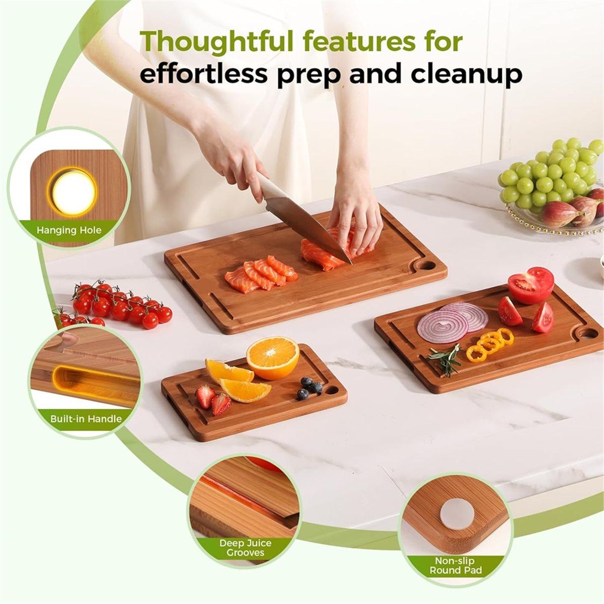 

Bamboo Cutting Board Set for Kitchen, 3-Piece with Non-Slip Mat, Deep Juice Groove, Built-in Handles - Desired Home Gift China Mainland