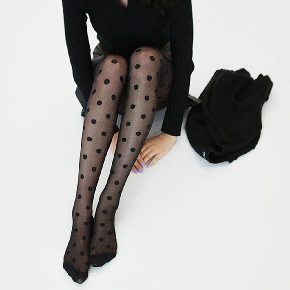 Women Vintage Polka Dot Lace Pantyhose Sexy Black Tight Ultra Thin Mesh Stockings