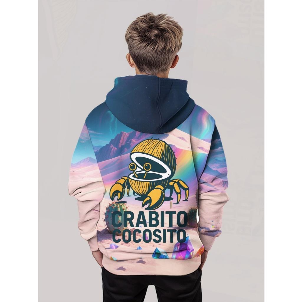 Boy's Crab and Coconut Pattern Hoodie - Long Sleeve Hoodie, Daily and Beach Travel, Bright Print, Soft Material, Children's Fashion