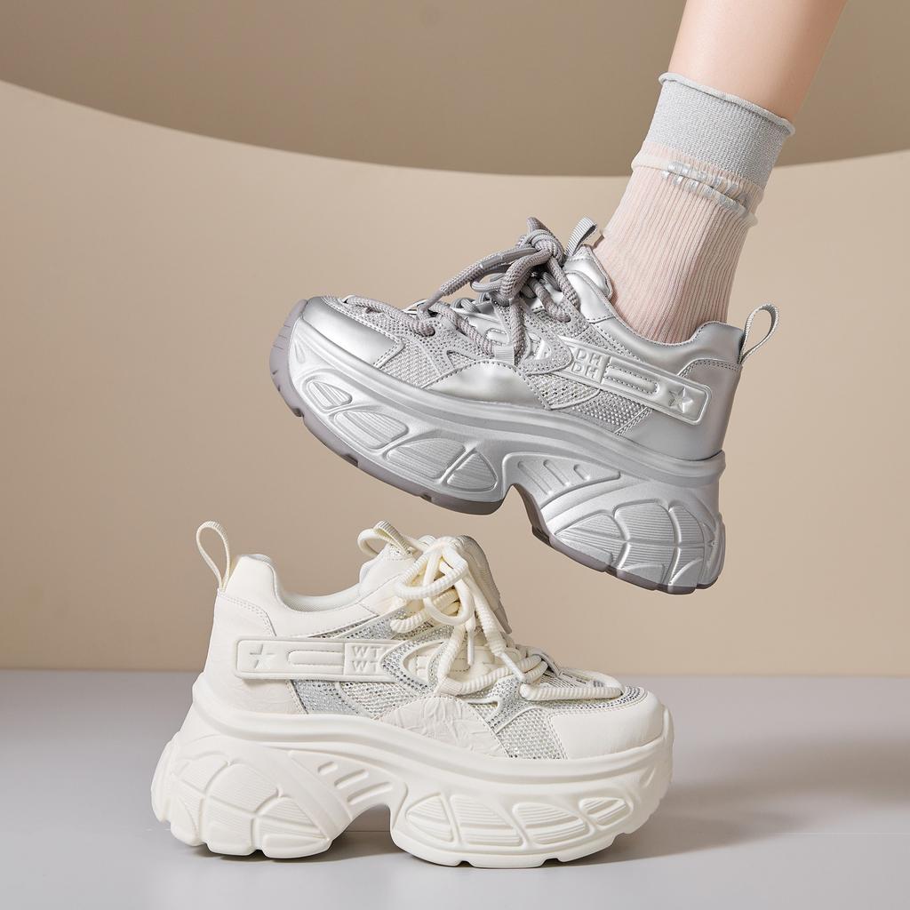 Spring New Thick-soled Height-increasing Versatile Women's Shoes Summer Breathable Rhinestone Casual Sports Shoes Women