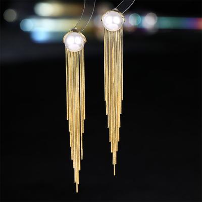 Brincos longos com franjas e pérolas para mulheres, estilo europeu e americano, com design de nicho, brincos de moda elegantes e versáteis