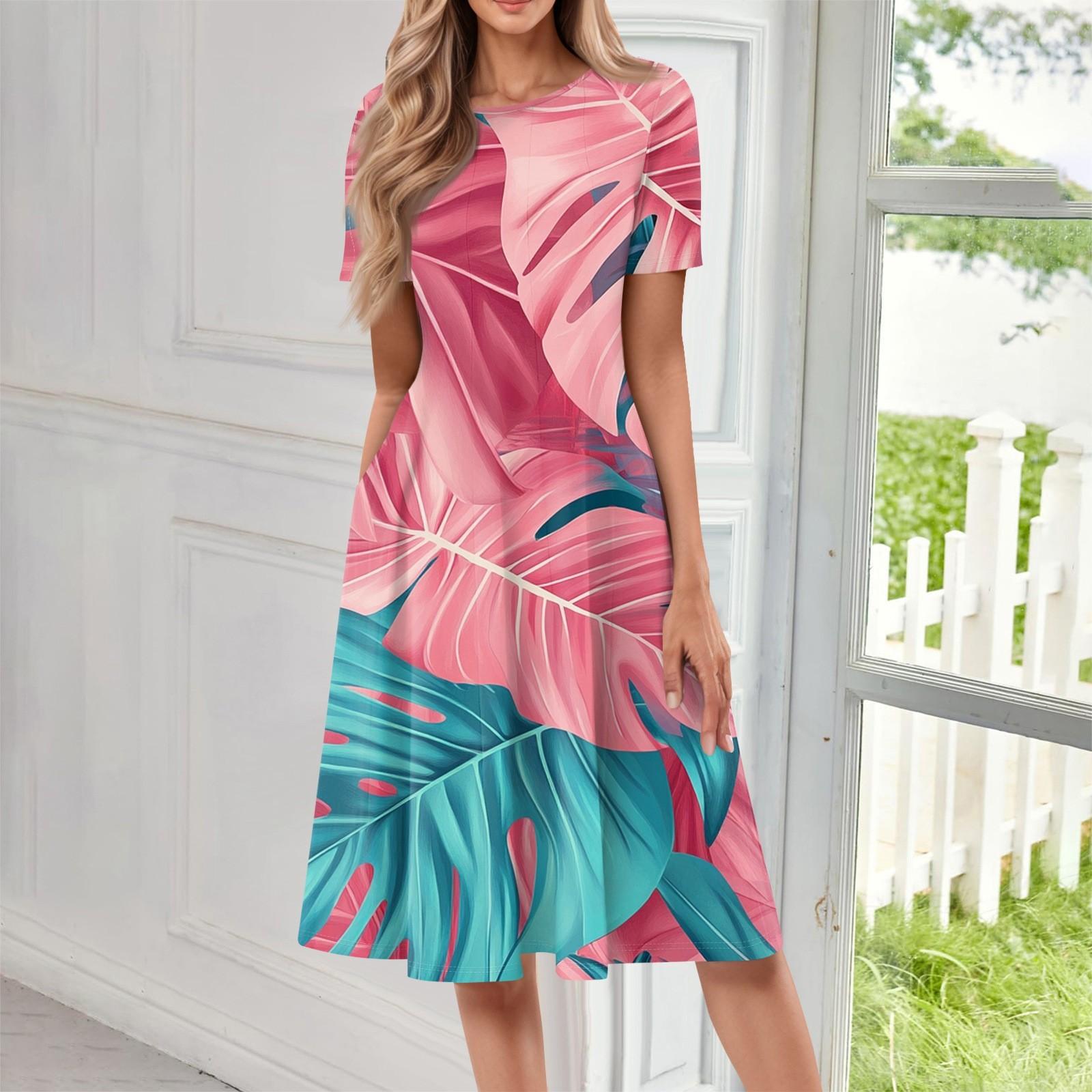 

Женское модное платье-пуловер с круглым вырезом и принтом, свободным коротким рукавом и карманом XL розовый