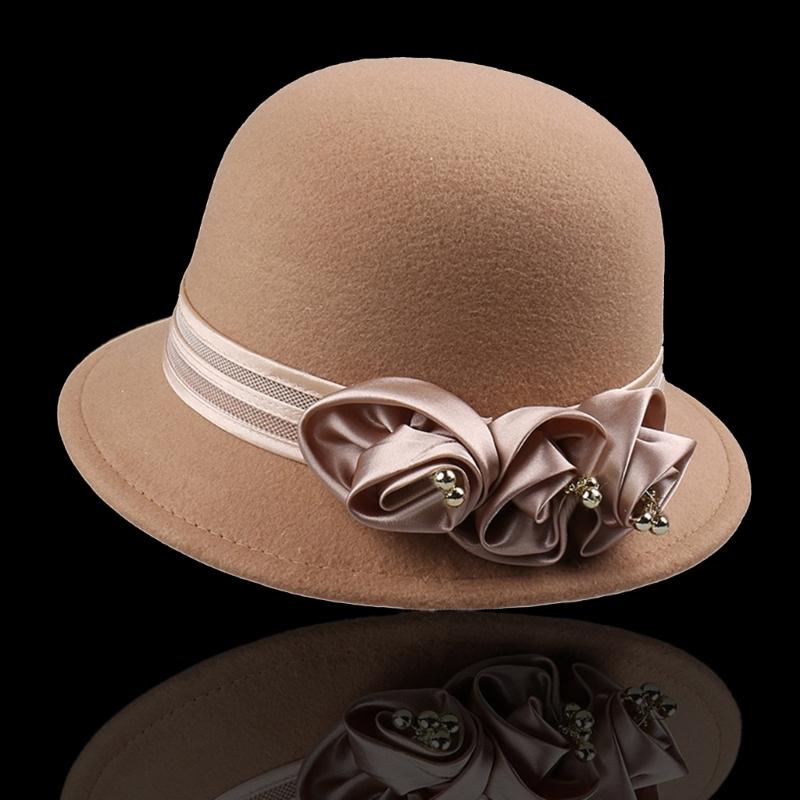 Vintage Silky Flower Hat Winter Warm Dome Hat Women Wool Cloche Hat Headwear