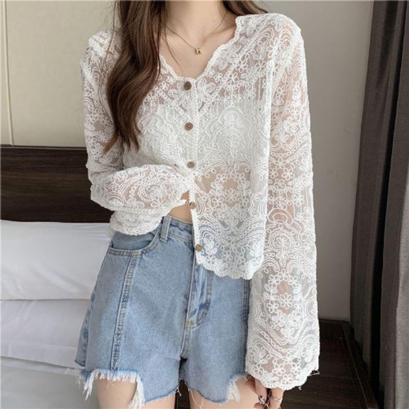 K-style Spring/Summer New Arrival V-neck Single Breasted White See-through Super Fairy Sun Protection Clothing Thin Blouse Lace Shirt Shawl for Women