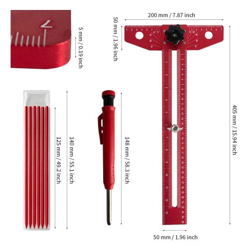 Socpuro T-square for woodworking, measuring angles from 15 to 75, aluminum alloy, up to 48cm in/cm, with scale, drilling and positioning, sliding T-