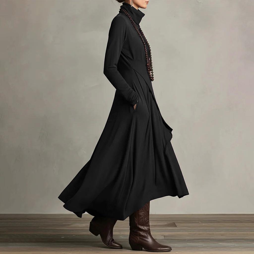 Women’s Long Sleeve Turtleneck Maxi Dress Asymmetric Hem Layered Ruffle Design A Line Fit Soft Fabric Elegant Style