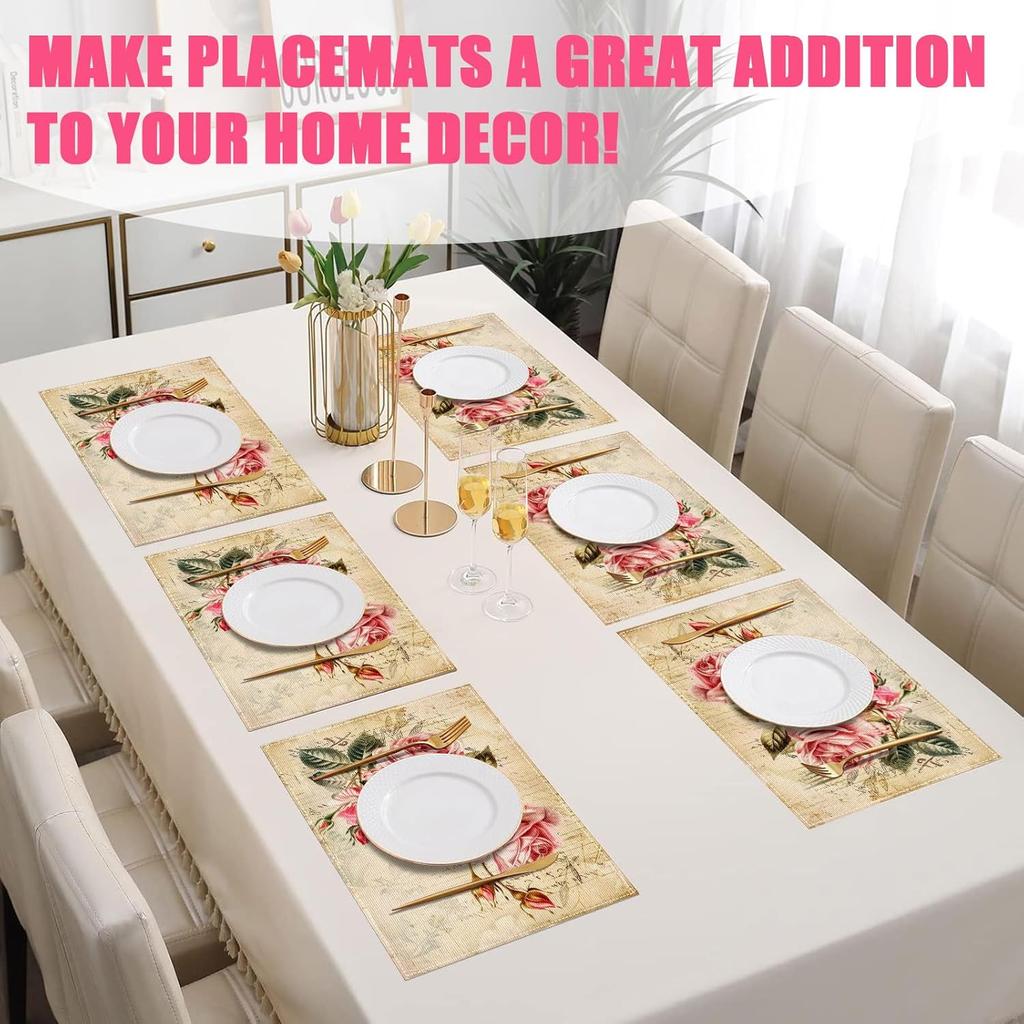 Vintage Rose Placemats Set of 6,12x18 Inch Spring Floral Linen Place Mat Washable Stain Resistant Table Mats
