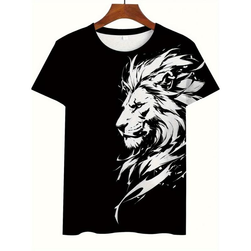White Lion Sketch Printed T-Shirt for Men Cool Wild Animal King Graphic Short Sleeve Tees Trendy Casual Round Neck Ink Style Hip Hop Streetwear Tops