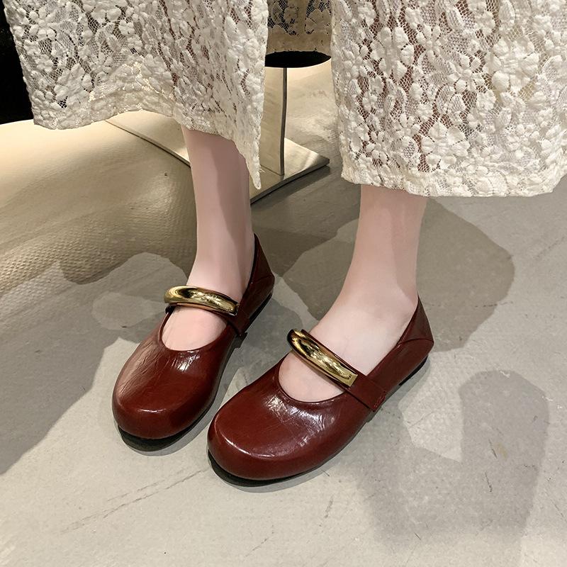 French red single shoes women's 2025 spring and summer new one-pedal small leather shoes with skirt shallow mouth flat heel Mary Jane
