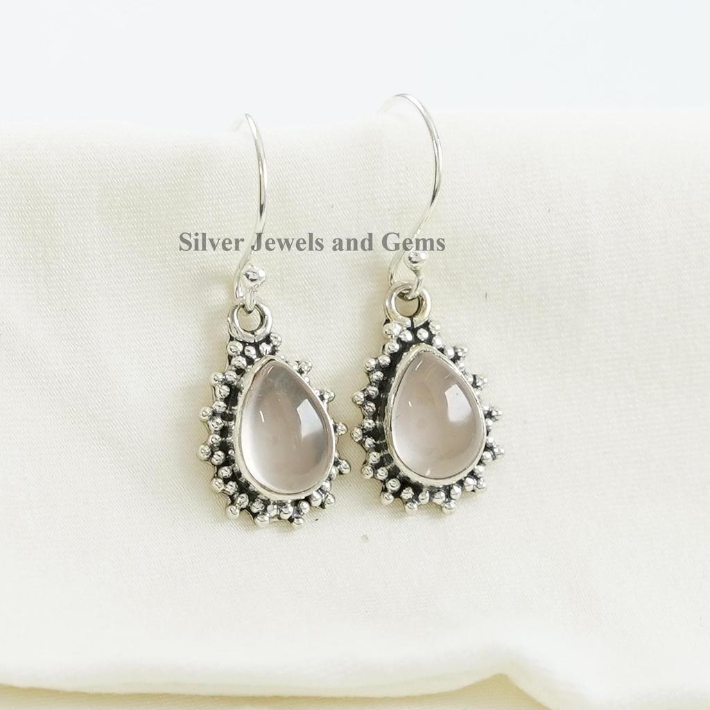 Rose Quartz Earring, Teardrop Earring, 925 Sterling Silver Earring, Gift for Wife, Capricorn Birthstone, Handmade Boho Earring