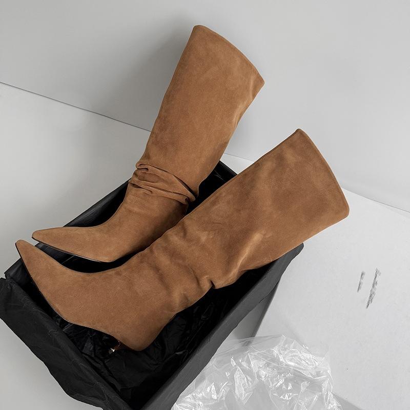 2025 autumn new matte leather high boots British style fashion versatile pointed heel but knee fashion boots