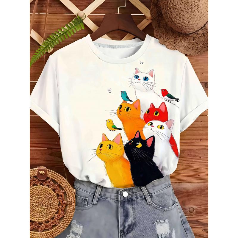 2026Ladies' Cat Family Portrait PrintTT-shirt Suit - Cute cat patterns with various expressions