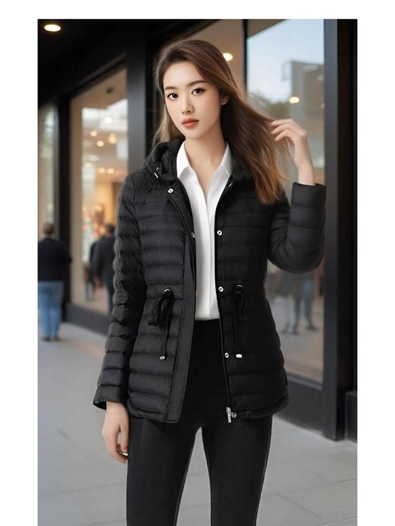 Women's Tie-Waist Hooded Down Jacket - Long Sleeve, Loose Fit, Lightweight, White Duck Down Outerwear 2025