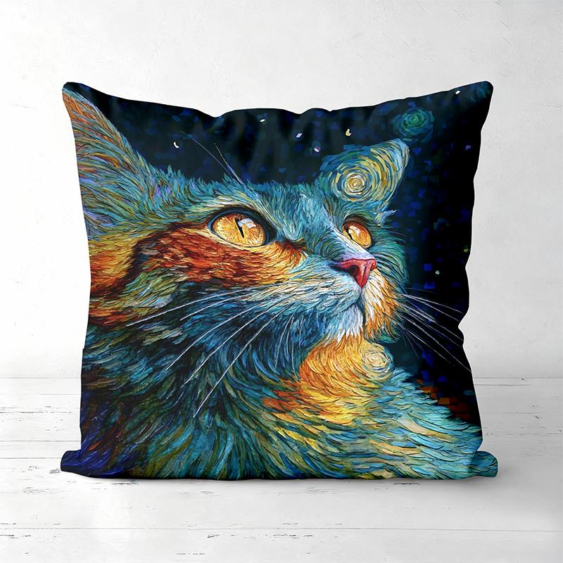 Van Gogh Style Cat Printed Decorative Throw Pillow Polyester pillowcase, sofa decorative cushion cov Headboard Pillow