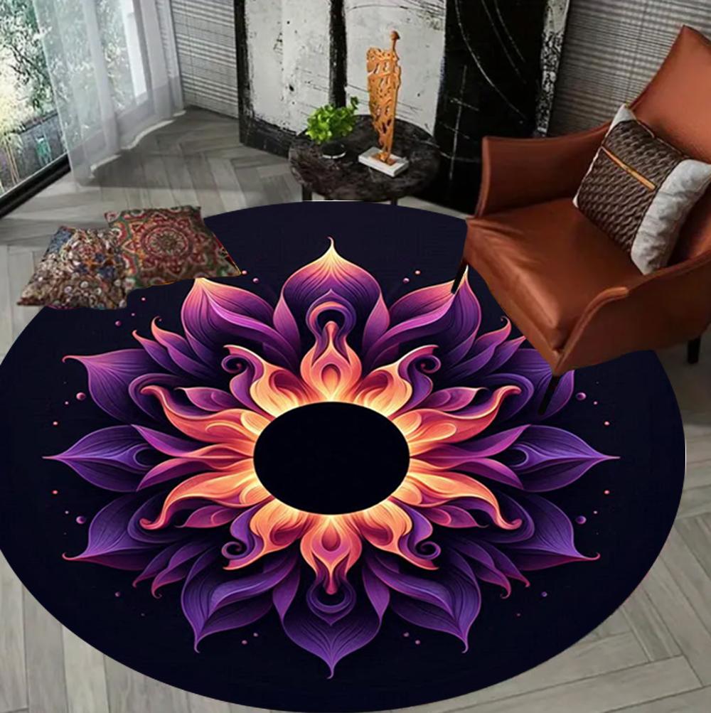 Boho Artistic Round Rug Ice & Fire Vortex Theme Mandala Pattern Carpet for Living Room Bedroom Kid's Playroom Pet Area Blue Etc