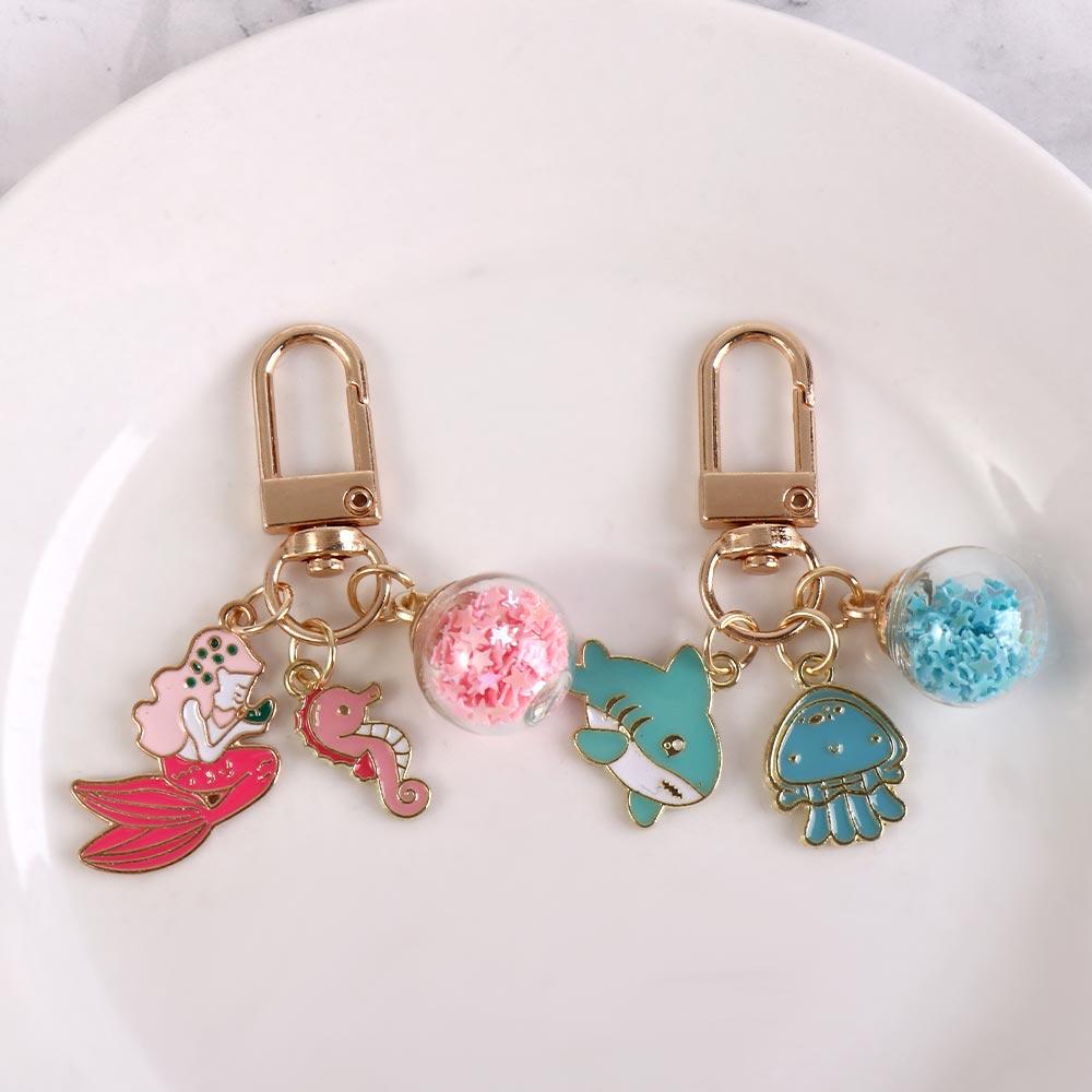 Cartoon Enamel Shark Jellyfish Mermaid Keychain Cat Glass Beads Ball Key Ring For School Bag Accessories Headphone Cover Gifts