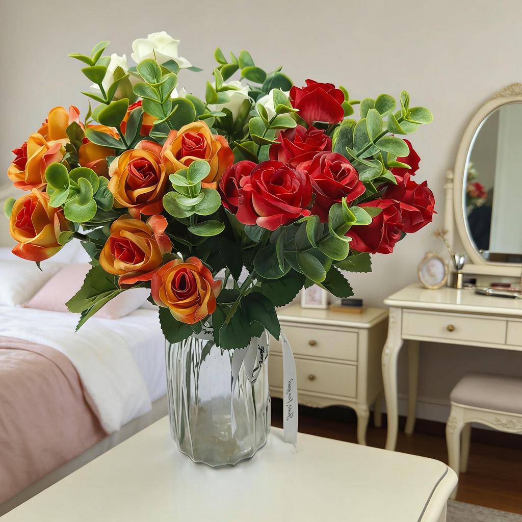 Künstlicher 5-Zweig-Rosen-Eukalyptus-Strauß für Heimdekoration und Foto-Requisiten